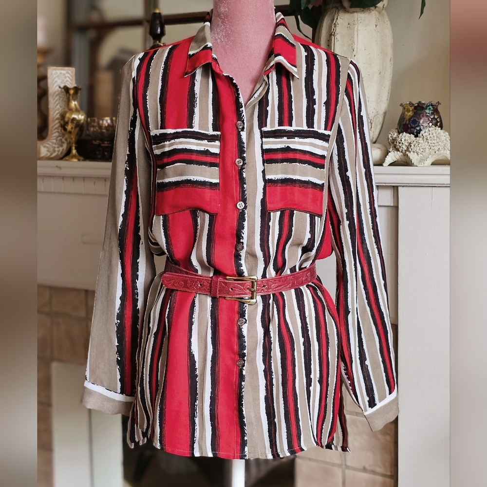 Glam & Fame Striped Button-Down Shirt - Red, Black & Tan